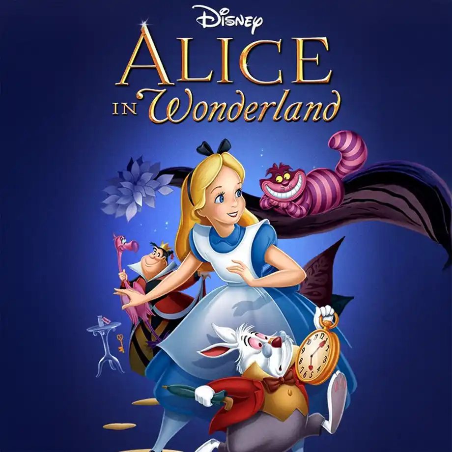 The vibrant cover image of Disney's Alice in Wonderland, featuring Alice in a magical world of curious characters and fantastical adventures. A classic tale that remains a favorite among the best animated movies.