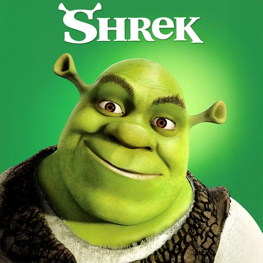 Movie cover of Shrek featuring Shrek, Donkey, Fiona, and the dragon in a whimsical fairy tale setting. This iconic film blends humor and heart, securing its place as one of the best animated movies for all ages.