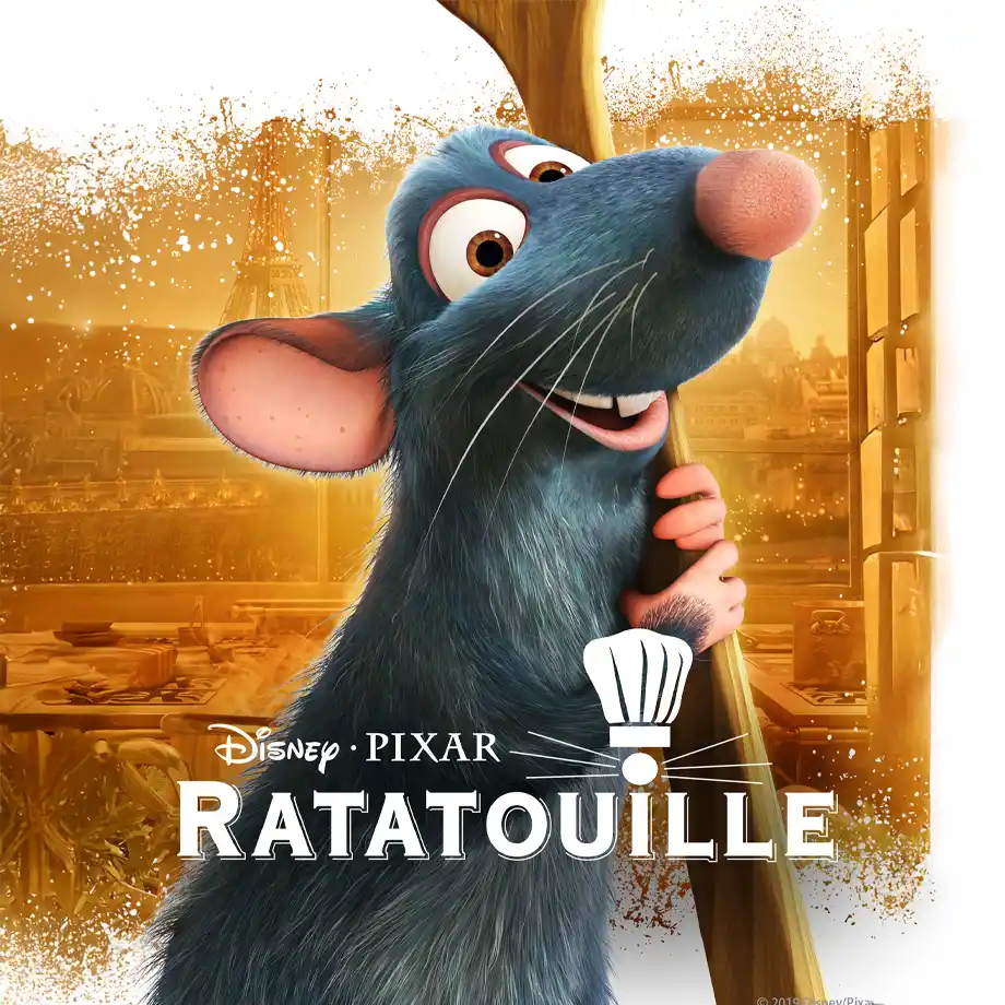 The cover image of Ratatouille, featuring Remy, the talented rat chef, holding a wooden spoon in a bustling kitchen. A heartwarming Pixar classic beloved for its charming story and a top contender among the best animated movies.