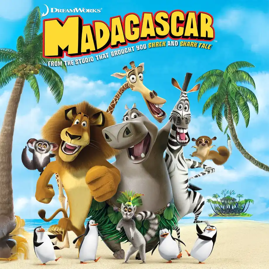 Movie cover of Madagascar featuring Alex the lion, Marty the zebra, Gloria the hippo, and Melman the giraffe, set against a vibrant jungle backdrop. This hilarious and heartwarming journey from zoo to the wild is a standout among the best animated movies.