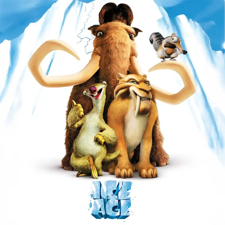 The cover art of Ice Age (2002), featuring Manny the mammoth, Sid the sloth, Diego the saber-toothed tiger, and Scrat chasing his acorn. A prehistoric comedy-adventure that's a standout in the best animated movies lineup.