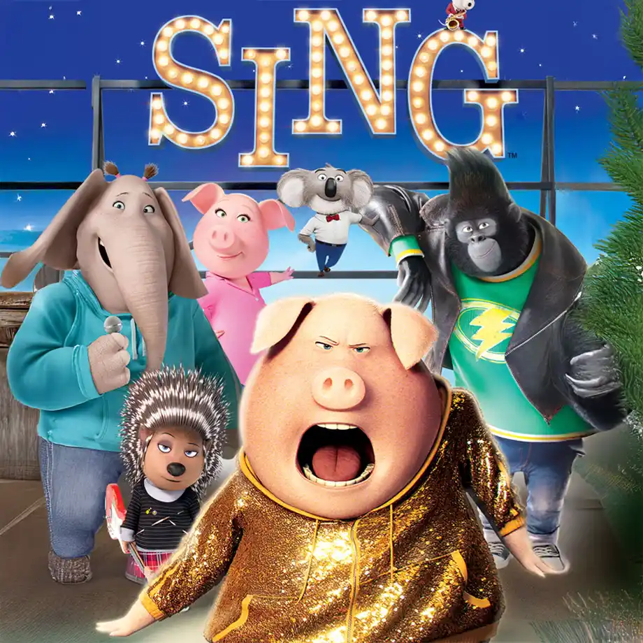 The cover art of Sing, featuring a lively cast of animated animal characters preparing for a singing competition. A heartwarming and entertaining musical journey, making it a must-watch among the best animated movies.