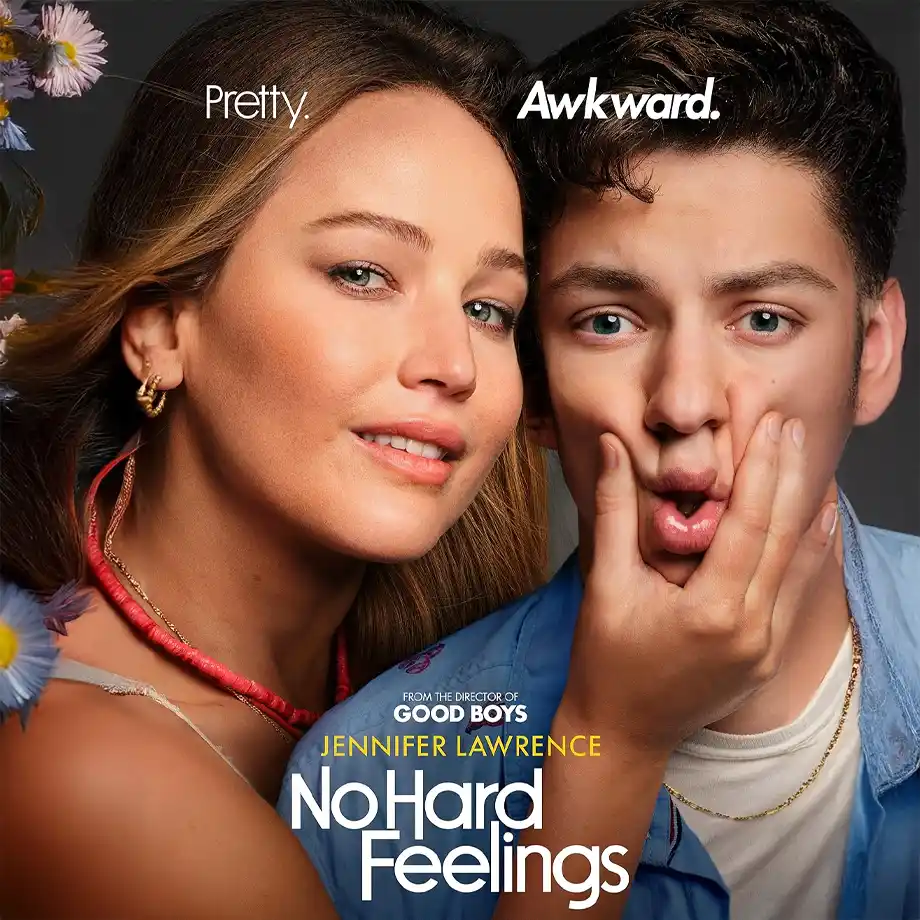 Movie poster for No Hard Feelings (2023), starring Jennifer Lawrence, capturing the lighthearted, funny moments that make it a standout in the best comedy movies of the year.