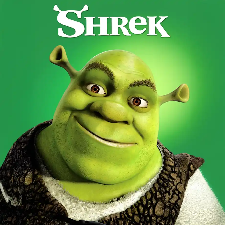 Shrek (2001) movie cover featuring the lovable green ogre and his hilarious companions. A witty and heartwarming animated film full of humor, adventure, and unforgettable characters, making it a must-watch in the list of the best comedy movies.