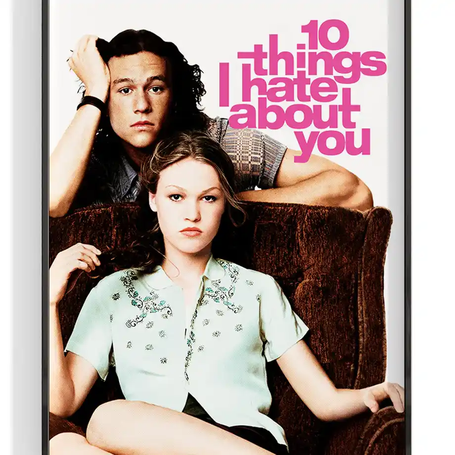 Movie poster of 10 Things I Hate About You (1999) featuring Heath Ledger and Julia Stiles in a witty and heartwarming romantic comedy. A timeless favorite among the best comedy movies.