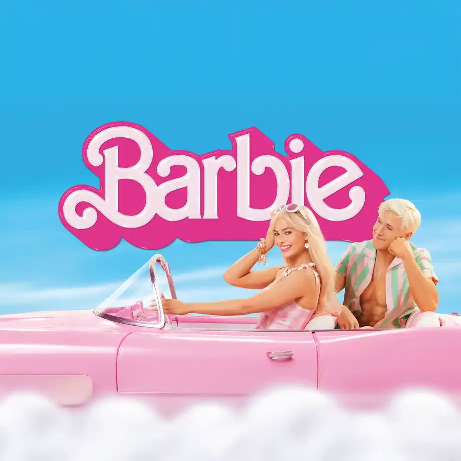 Official movie poster of Barbie (2023) featuring Margot Robbie as the iconic doll in a colorful and hilarious comedy adventure. A standout choice among the best comedy movies of the year.