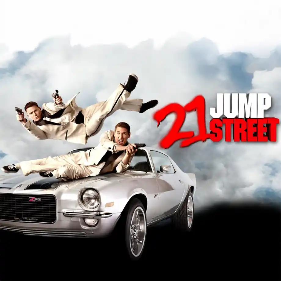 Movie poster for 21 Jump Street (2012), featuring Jonah Hill and Channing Tatum as undercover cops in a high school. A side-splitting addition to the best comedy movies lineup.