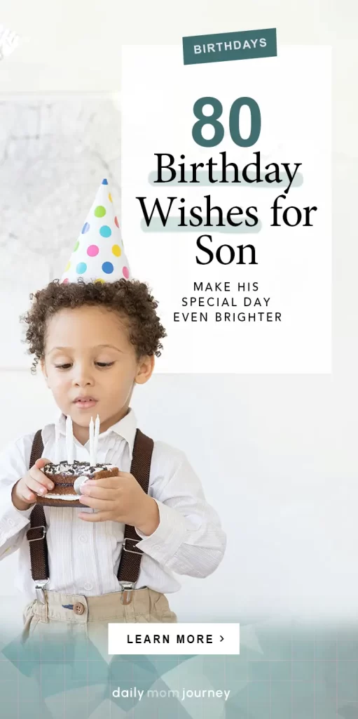 A young boy dressed in suspenders and a polka-dot party hat holds a cupcake with lit candles, ready to make a wish. The text overlay promotes "80 Birthday Wishes for Son" to brighten his special day.