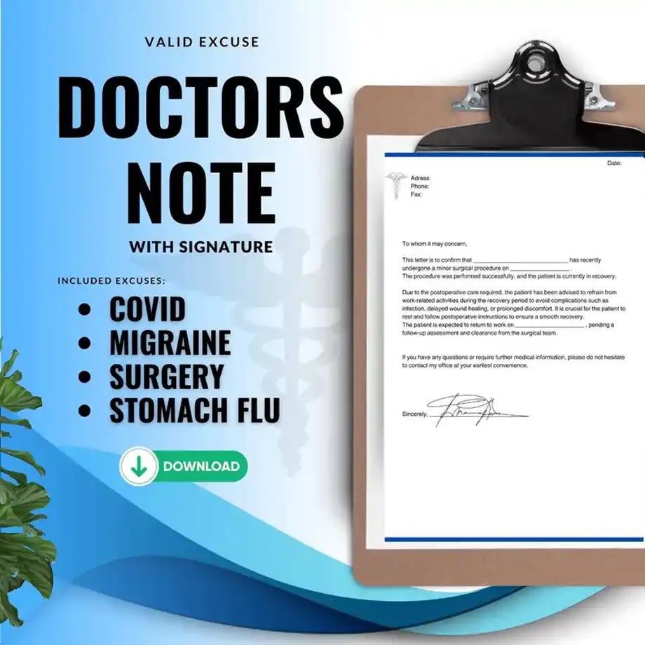 A doctor's note template on a clipboard, highlighting valid excuses like COVID, migraine, surgery, and stomach flu, perfect for bulletproof excuses to get out of work.