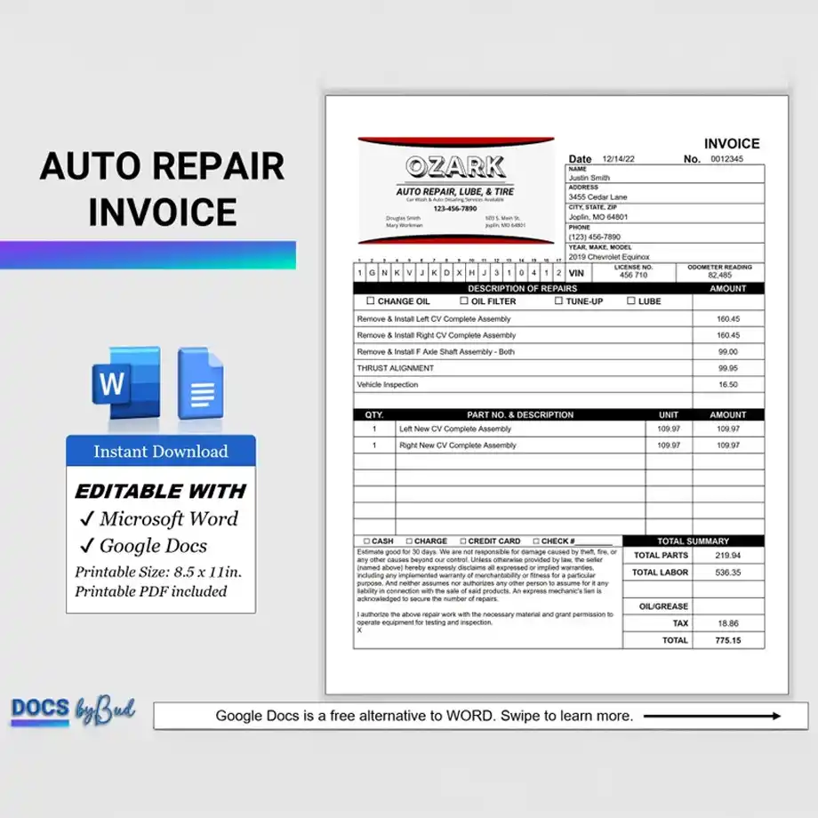 Customizable automotive service invoice template, perfect for crafting bulletproof excuses to get out of work by showcasing professional vehicle maintenance documentation.