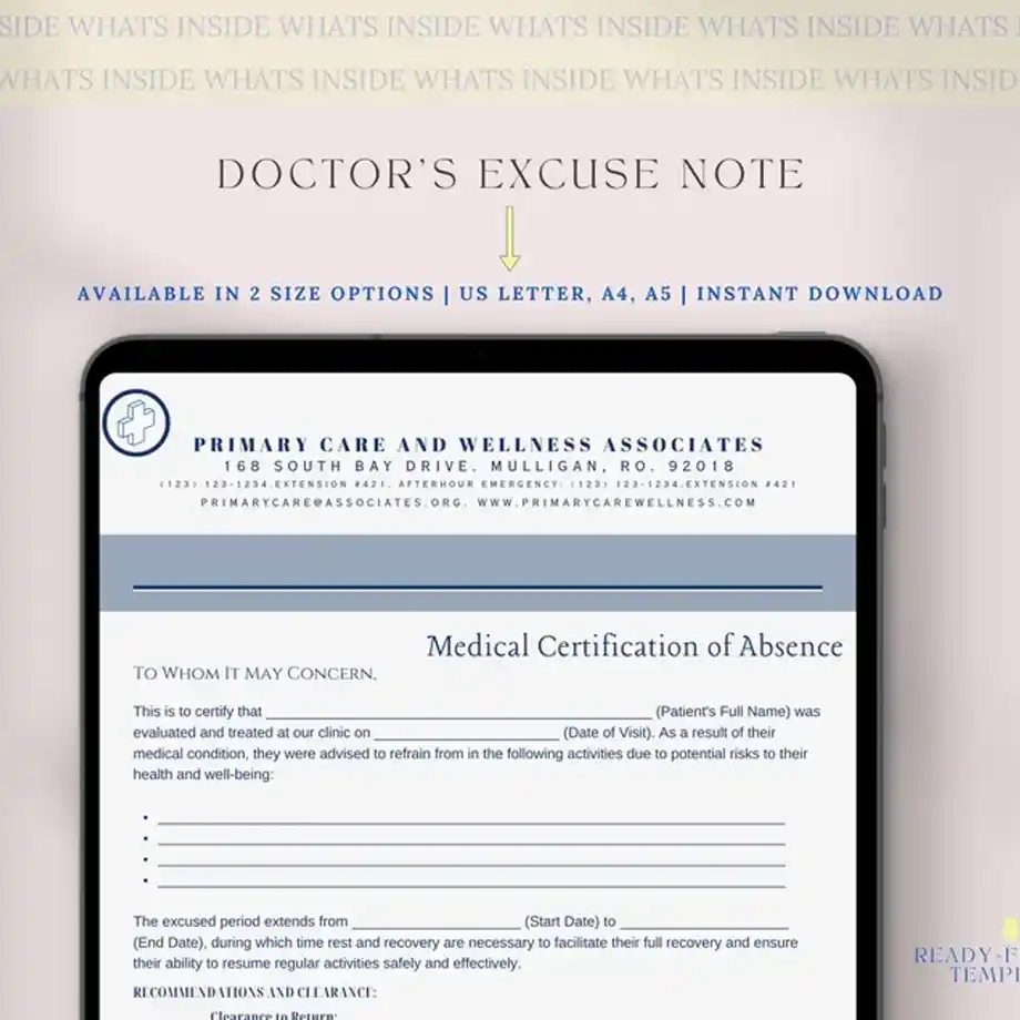 A customizable doctor's excuse note template, offering a professional and reliable way to create bulletproof excuses to get out of work seamlessly.