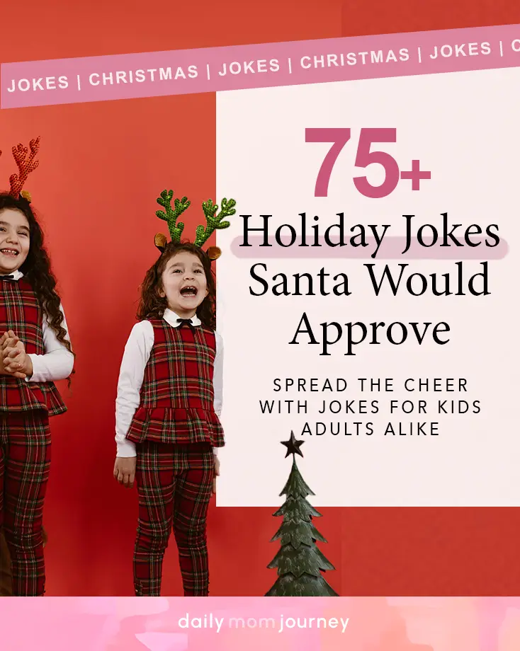 A group of smiling children in plaid holiday outfits with reindeer headbands, introducing 75 Christmas jokes perfect for kids and adults.