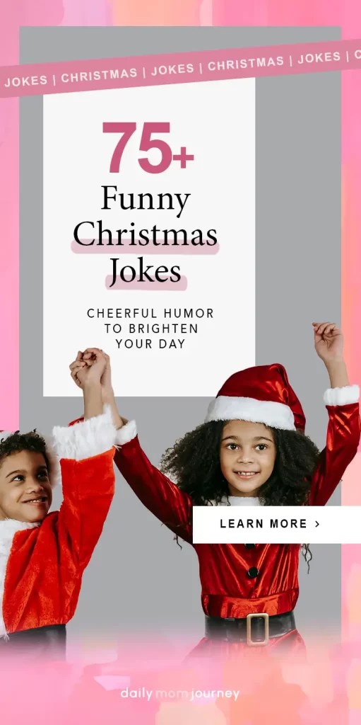 Two excited kids in Santa outfits raising their arms, highlighting 75 funny Christmas jokes to brighten your holiday season.