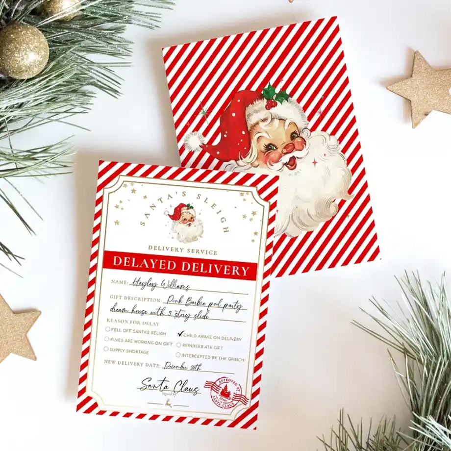 A humorous Christmas card featuring a 'Santa's Sleigh Delivery Service' delayed delivery notice with playful reasons for delay, accompanied by a vintage Santa illustration on a striped red and white background – perfect for fans of Christmas jokes and holiday cheer.