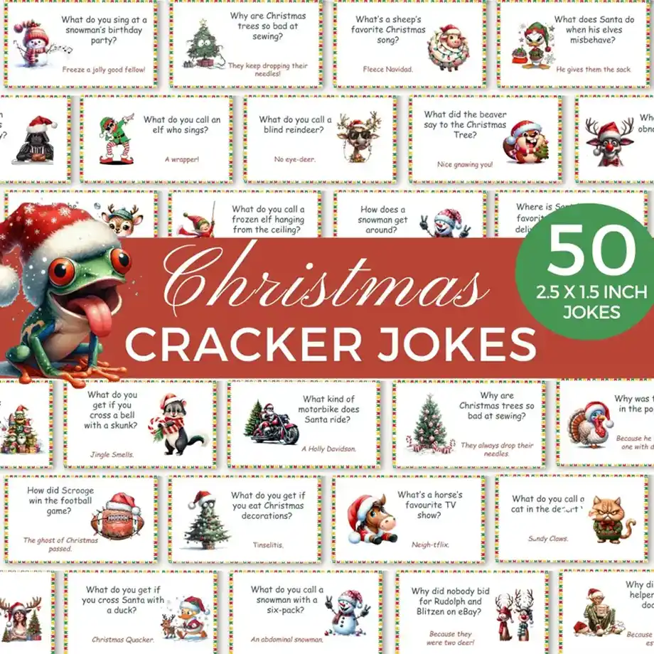 A set of 50 printable Christmas cracker jokes, perfect for adding laughter to your holiday celebrations with clever and festive "Christmas jokes" for all ages.