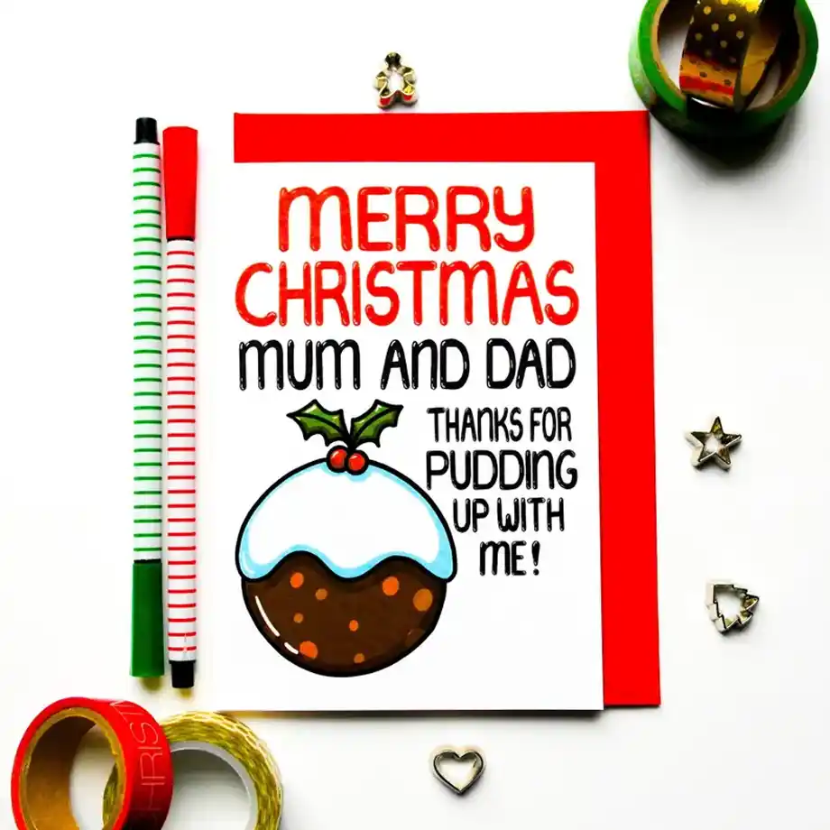 A humorous Christmas card for Mum and Dad featuring witty Christmas jokes, perfect for spreading laughter and holiday cheer to your loved ones.