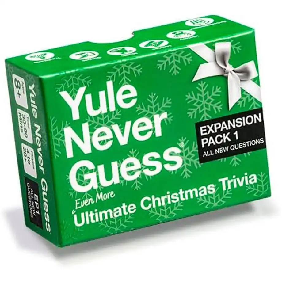 A green game box titled "Yule Never Guess" featuring an expansion pack with all-new Christmas trivia questions, perfect for holiday fun and group gatherings.