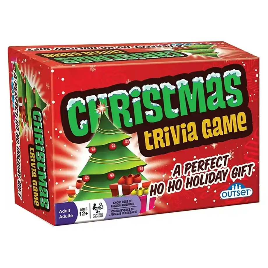 Outset Media's Christmas Trivia Game featuring a variety of festive Christmas trivia questions, ideal for holiday parties, family gatherings, and seasonal fun. Perfect for creating joyful memories during the holiday season.