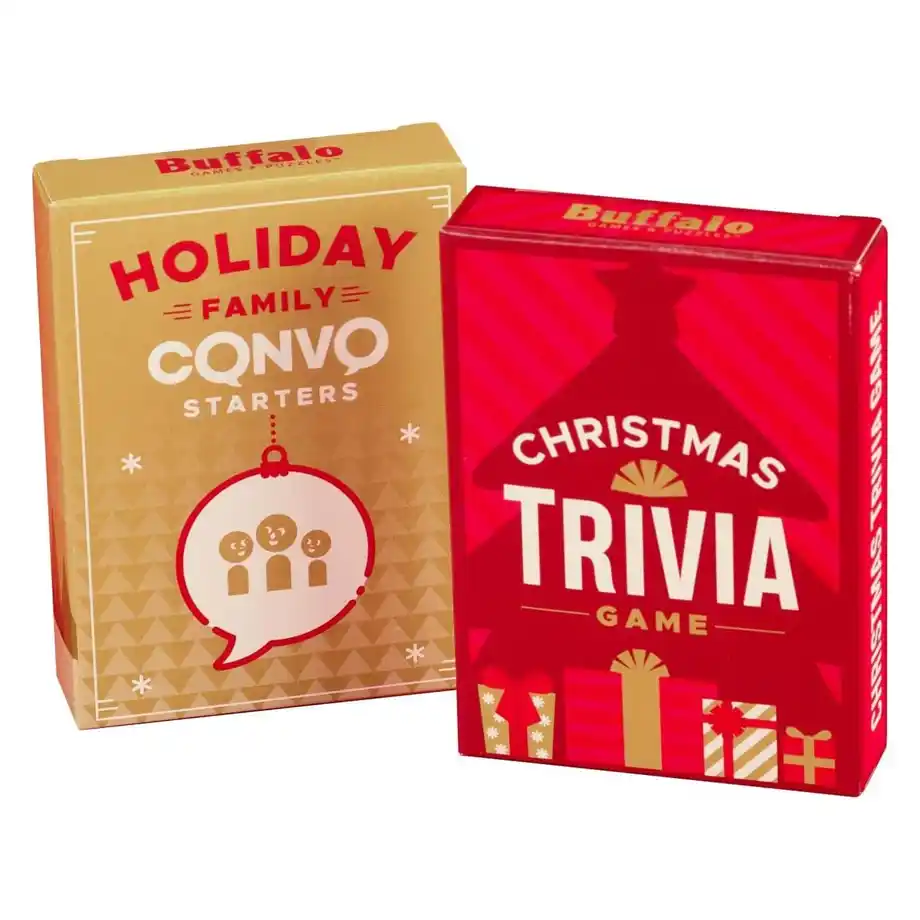 Buffalo Games Holiday Conversation Starters, a fun card game packed with Christmas trivia questions, perfect for holiday parties, family gatherings, and sparking festive conversations during the Christmas season.