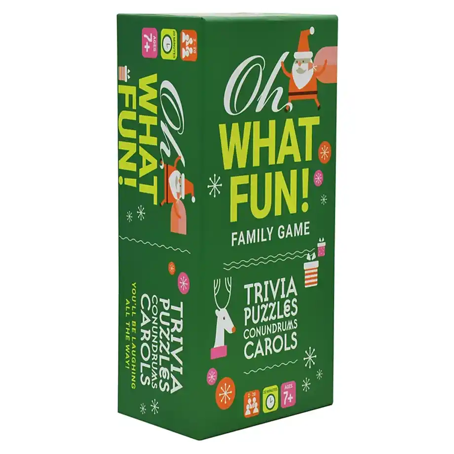 Oh What Fun Holiday Party Trivia Game featuring engaging Christmas trivia questions, perfect for festive family gatherings, holiday parties, and creating unforgettable Christmas memories.