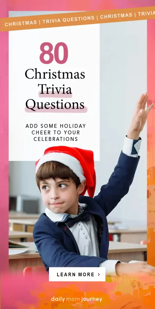 Boy in a Santa hat raising his hand during a trivia game, highlighting 80 Christmas trivia questions for holiday celebrations.