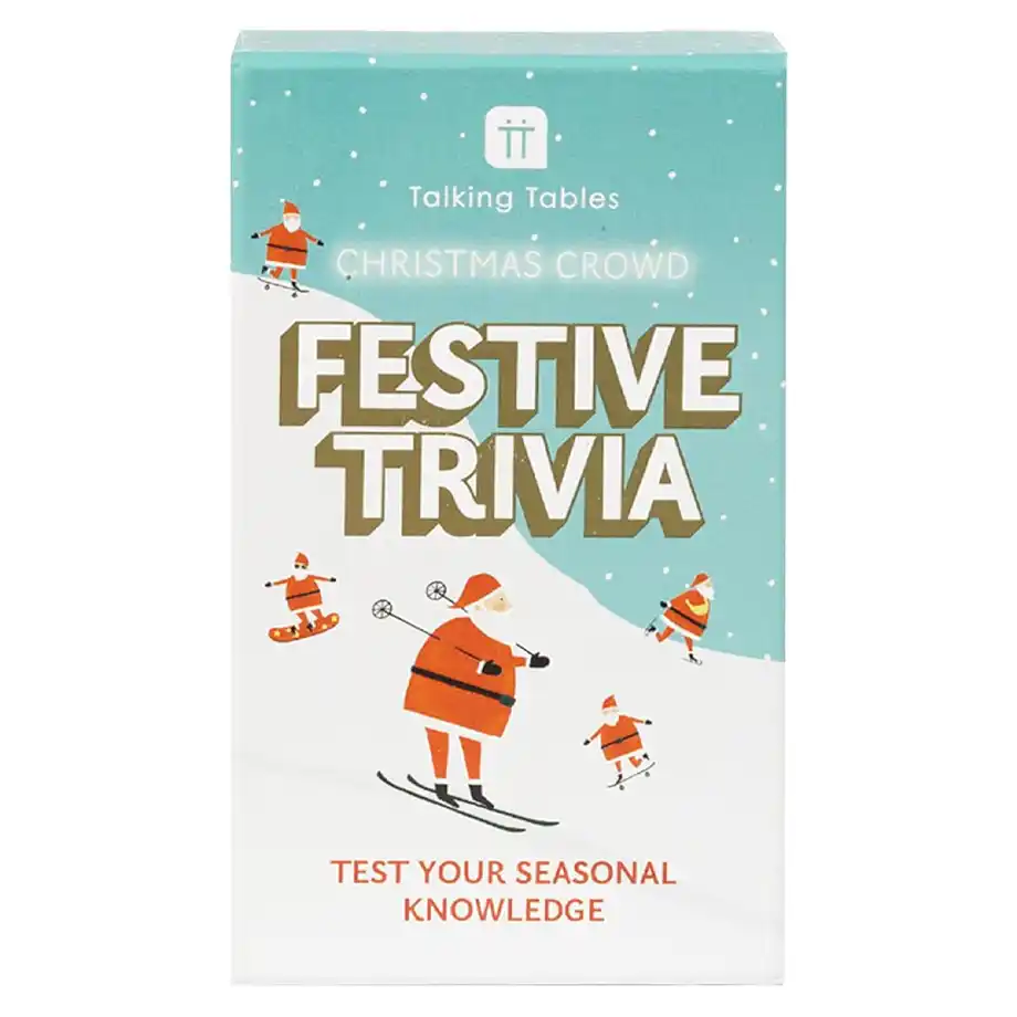 The Talking Tables Christmas Trivia Questions game, featuring a festive box filled with fun and engaging questions about Christmas traditions, perfect for adding excitement to your holiday celebrations.