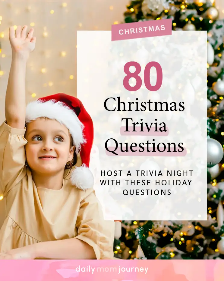 Little girl in a Santa hat next to a Christmas tree, promoting 80 fun Christmas trivia questions for family and friends.