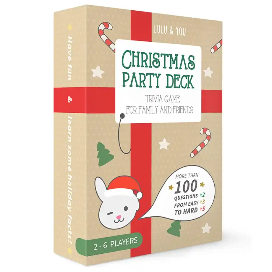 Lulu and You Christmas trivia questions party game, designed for festive gatherings, featuring fun and challenging trivia to entertain family and friends during the holiday season. Perfect for Christmas parties and game nights.