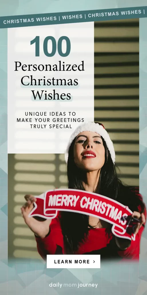 A cheerful woman in a Santa hat holding a 'Merry Christmas' banner, featuring the text '100 Personalized Christmas Wishes' for unique holiday greetings.