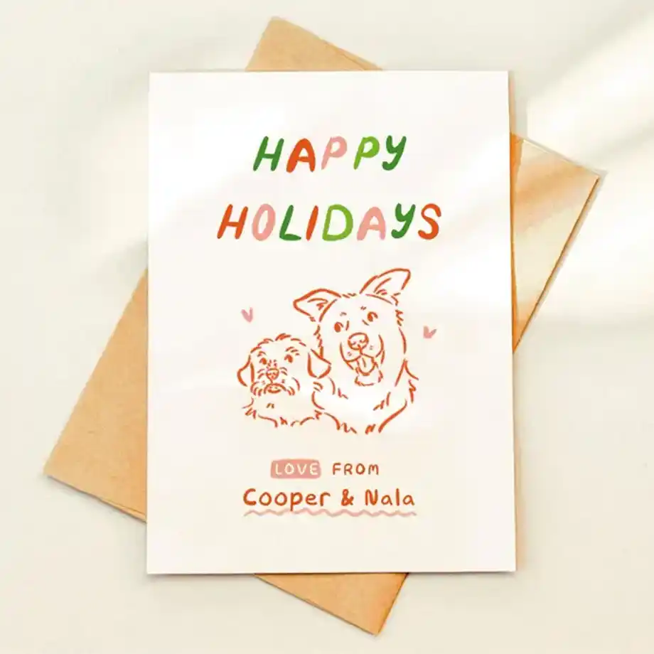 Personalized hand-drawn holiday card featuring your pets with festive Christmas wishes. A heartwarming way to send unique holiday greetings to loved ones. Perfect for pet owners looking to add a personal touch to their Christmas cards.