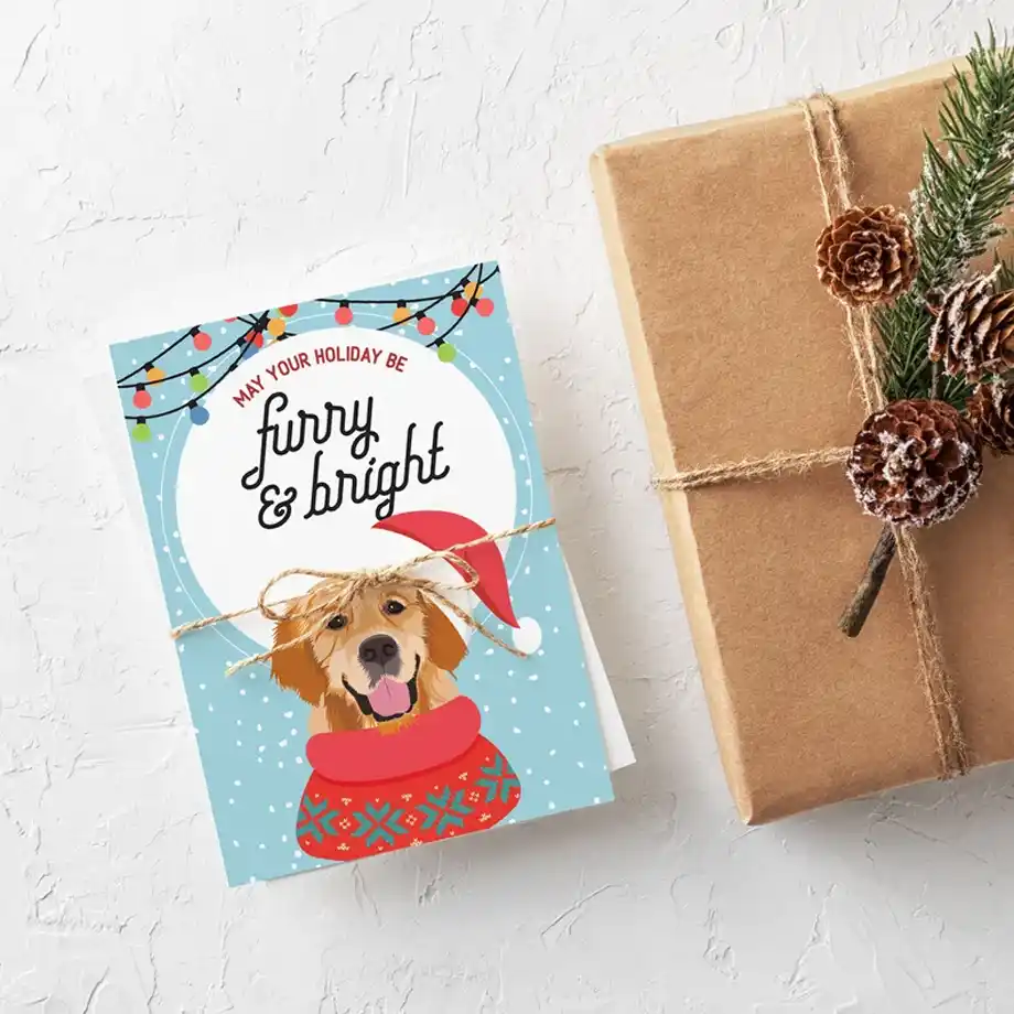 Unique pet portrait holiday card featuring custom artwork with Christmas wishes. A special way to send warm and personalized greetings to family and friends, perfect for pet lovers during the festive season.