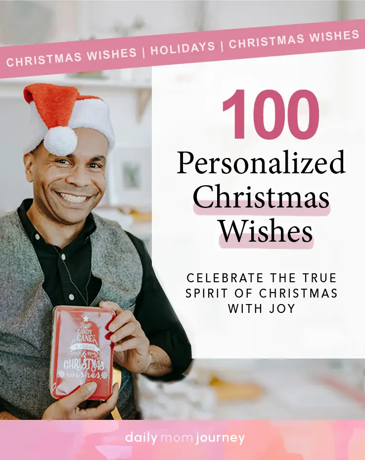 A smiling man in a Santa hat holding a red box with holiday greetings, showcasing the text '100 Personalized Christmas Wishes' for a joyful Christmas spirit.