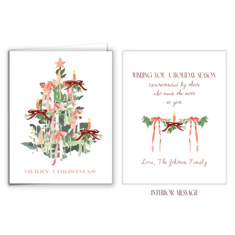 A two-part Christmas card featuring a watercolor Christmas tree adorned with red ribbons and candles on the cover with "Merry Christmas" text. The interior message reads, "Wishing you a holiday season surrounded by those who mean the most to you," paired with festive greenery and bows. A thoughtful way to share heartfelt Christmas wishes.