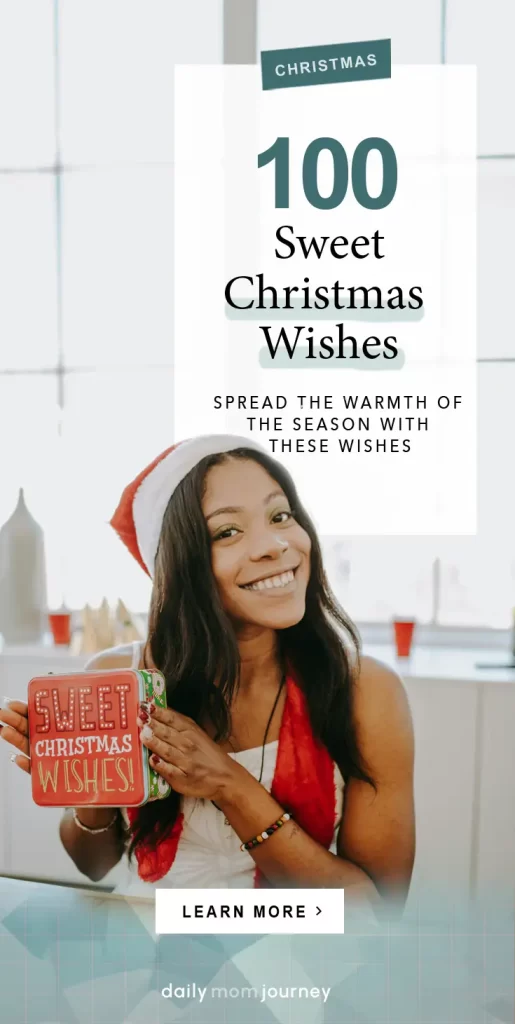 A smiling woman wearing a Santa hat holding a festive box with 'Sweet Christmas Wishes,' alongside the text '100 Sweet Christmas Wishes' for spreading holiday warmth.