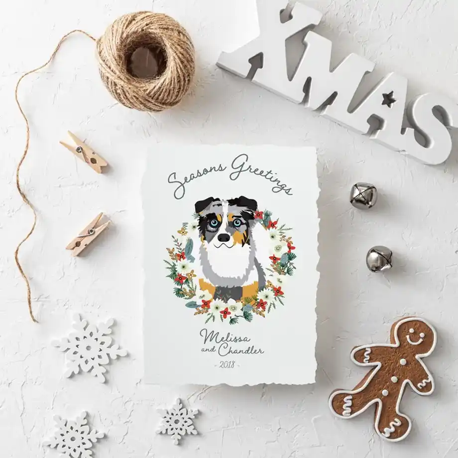 A unique holiday card featuring a custom pet portrait design, perfect for sending personalized Christmas wishes. Celebrate the festive season with a heartfelt touch that showcases your furry friend in a charming holiday-themed illustration.






