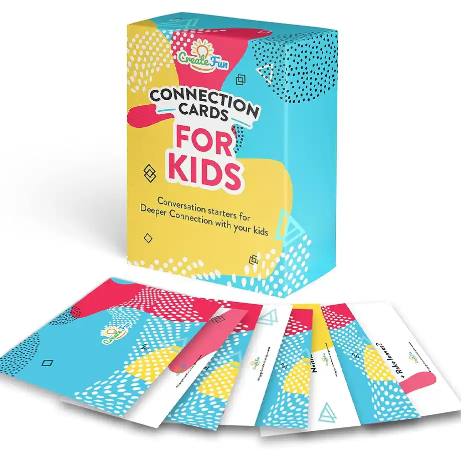 CreateFun Connection Cards for kids, featuring engaging and thoughtful conversation starters designed to build self-confidence and foster meaningful connections. Perfect for birthday parties, family time, or classroom activities.