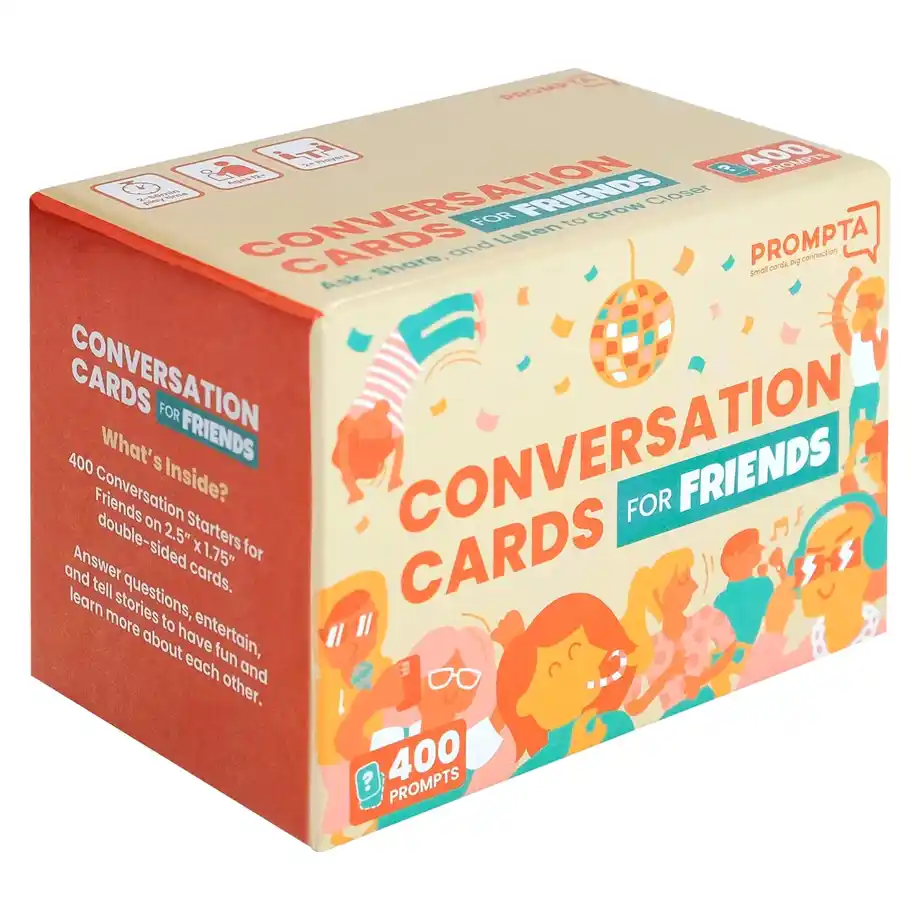 Box of 135 thought-provoking conversation starters for friends, featuring fun and engaging questions designed to spark meaningful discussions at parties, gatherings, or casual hangouts. Perfect for creating memorable moments.