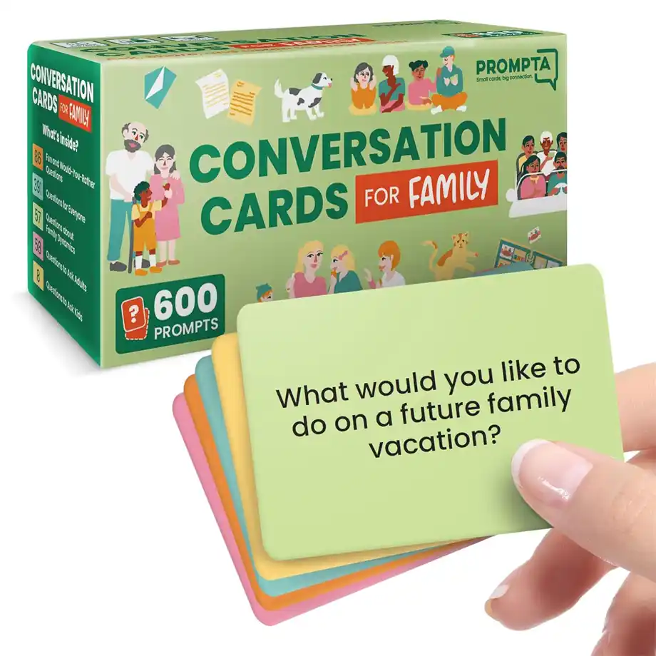 A festive deck of conversation starter cards for families, featuring holiday-themed prompts designed to spark engaging discussions and create joyful moments during Christmas gatherings and celebrations.