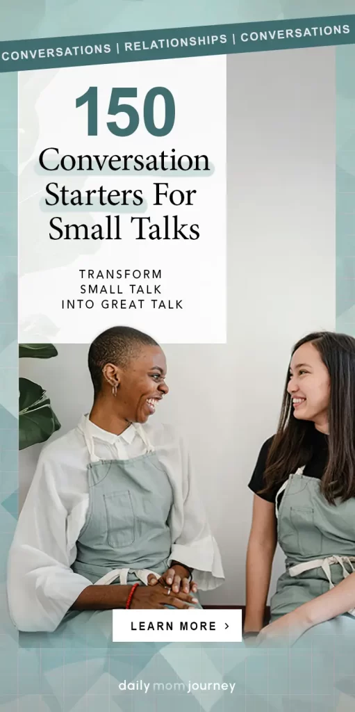 A graphic with two women in aprons laughing together, featuring the text "150 Conversation Starters for Small Talks – Transform Small Talk Into Great Talk."