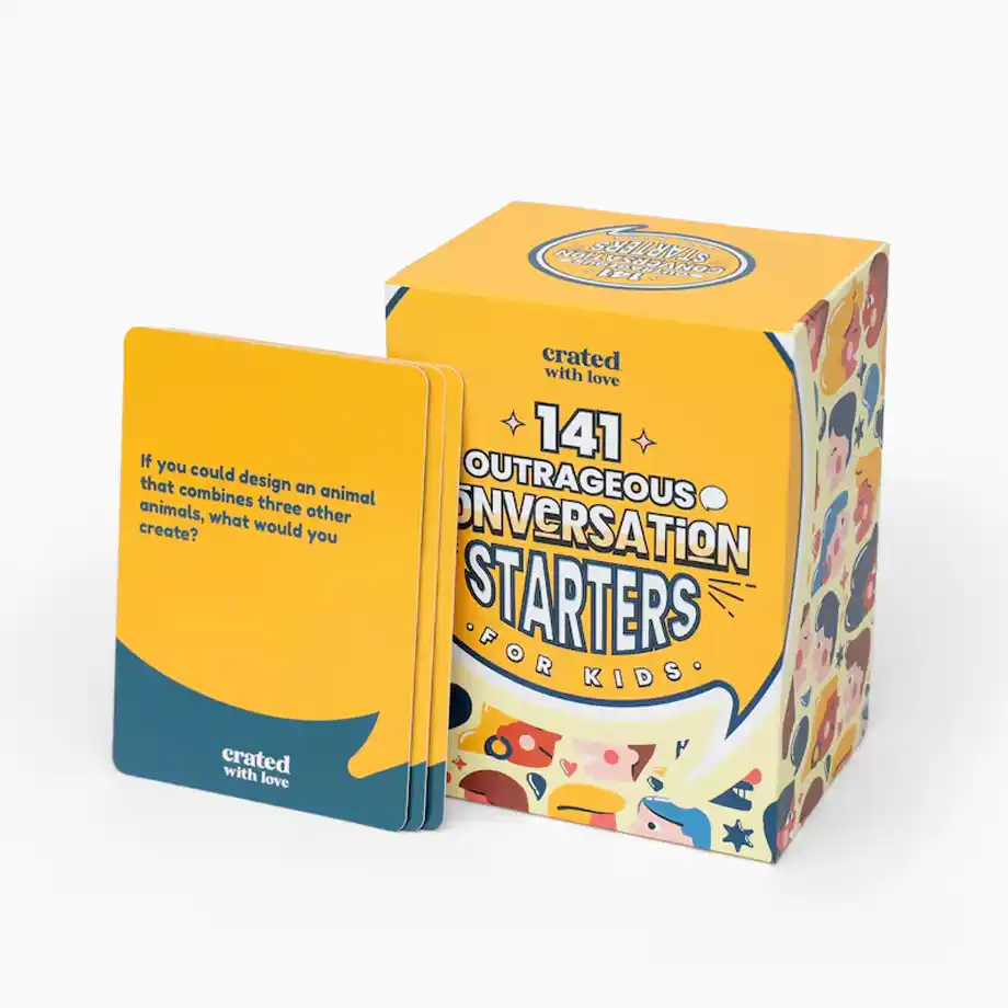 A colorful and creative set of conversation starter cards for kids, featuring engaging prompts to spark imagination and meaningful discussions. Perfect for family bonding, classroom activities, or road trips, these cards encourage kids to express themselves and connect with others.