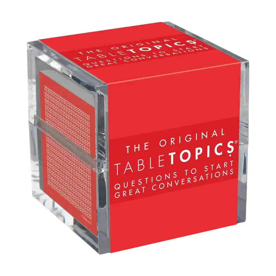 A sleek and modern set of TableTopics Original conversation starter cards designed to inspire thought-provoking questions and meaningful discussions. Ideal for anniversaries, family gatherings, or dinner parties, this set encourages connection and conversation in a fun and engaging way.