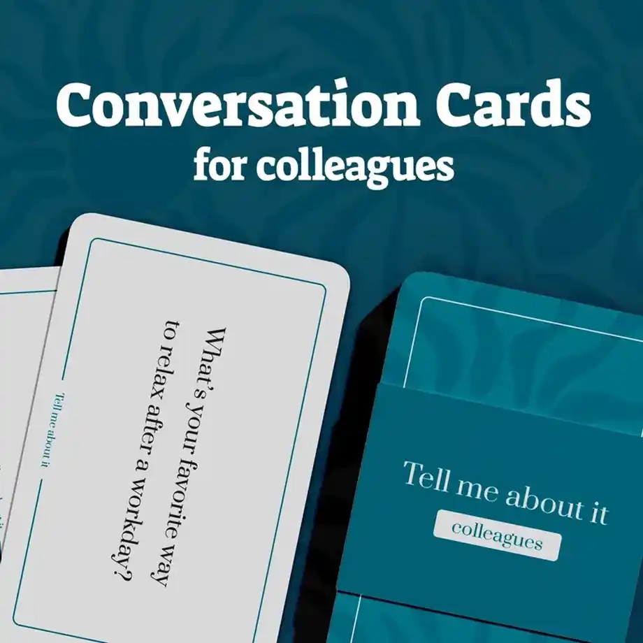 A set of 50 conversation starter cards designed for colleagues and therapy sessions. These thoughtfully crafted prompts encourage meaningful discussions, team bonding, and personal reflection, making them ideal for professional or therapeutic environments.