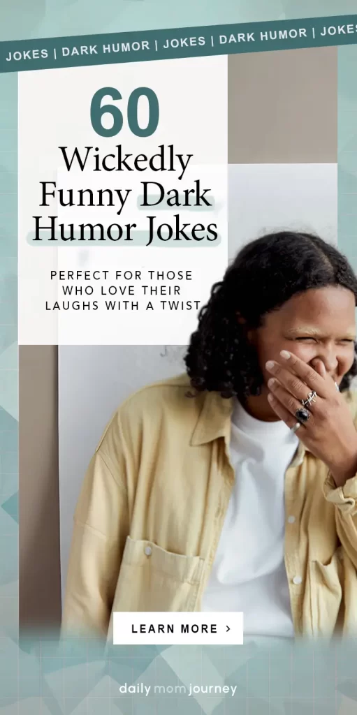 A laughing person featured in a graphic promoting "60 Wickedly Funny Dark Humor Jokes," perfect for those who enjoy a twisted sense of humor.