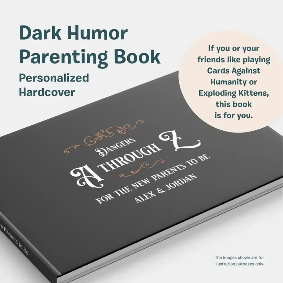 Cover of the 'Dark Humor Parenting Book,' a printed book featuring a hilarious collection of dark humor jokes about parenting. Perfect for parents with a sharp sense of humor and those who appreciate a witty take on the challenges of raising kids.