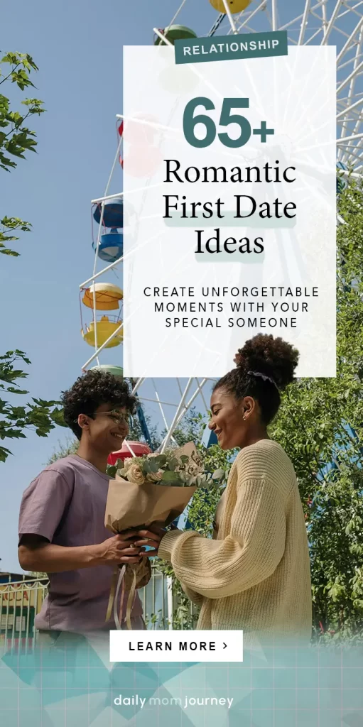 A young couple standing in front of a Ferris wheel, exchanging flowers, capturing a romantic first date idea.