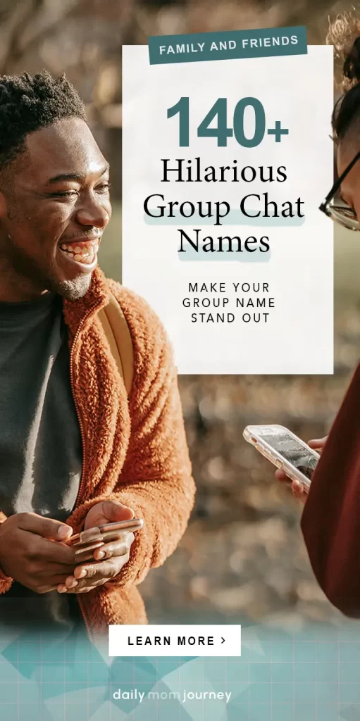 A smiling man and woman enjoying a conversation outdoors with the text "140+ Funny Group Chat Names for Family and Friends" displayed on the image.