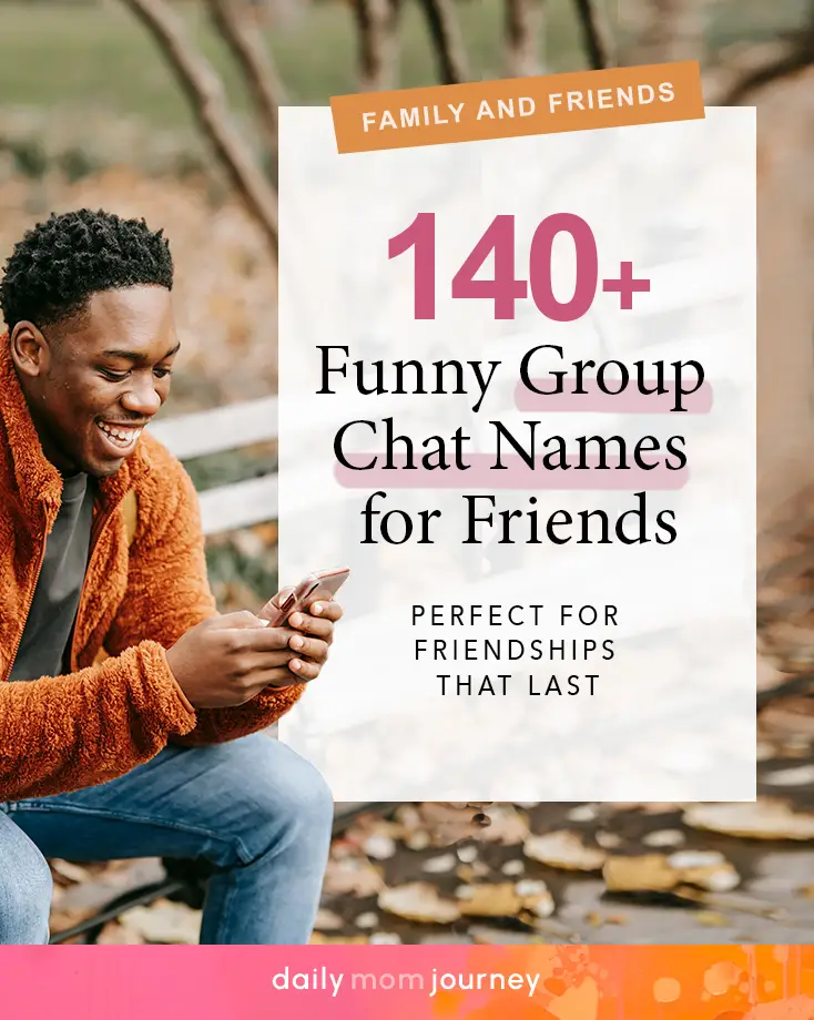 A cheerful man sitting on a bench, smiling at his phone, with text reading "140+ Hilarious Group Chat Names for Friends" and a fall-themed background.