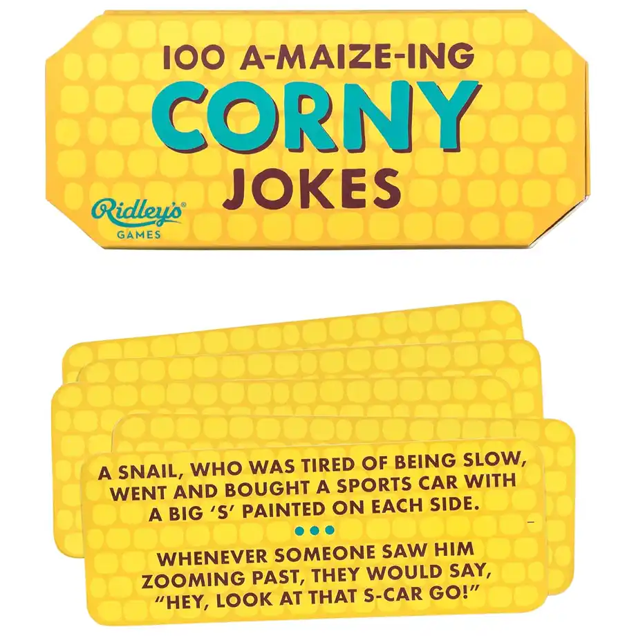 Ridley's Corny Jokes Cards featuring a collection of hilarious, funny jokes for adults. Perfect for sharing laughs and light-hearted moments with friends and family.