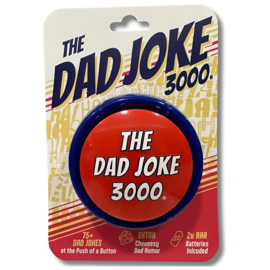 A product packaging image of "The Dad Joke 3000," featuring a red and blue button that delivers over 75 funny jokes with extra cheesy dad humor. Includes two AAA batteries. Perfect for fans of lighthearted and playful comedy.