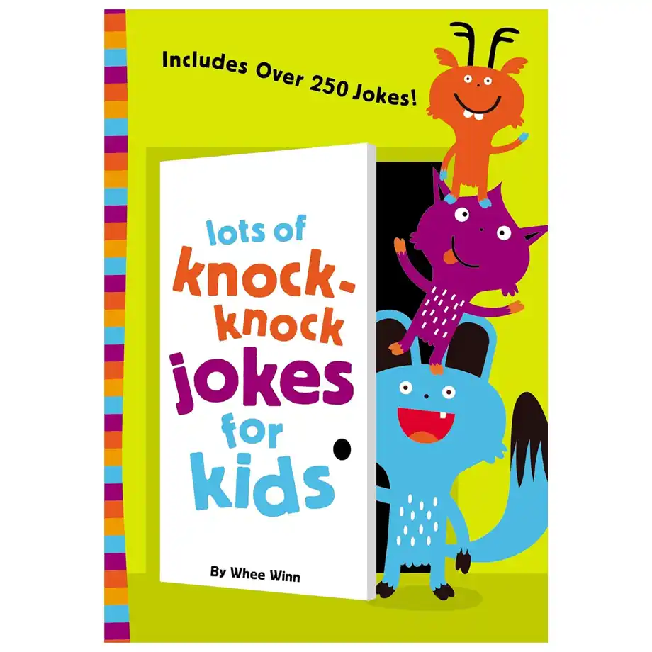 The cover of the book "Lots of Knock-Knock Jokes for Kids" featuring a vibrant and playful design. This book offers a collection of funny jokes and knock-knock humor, perfect for kids who love to laugh and share jokes with family and friends.